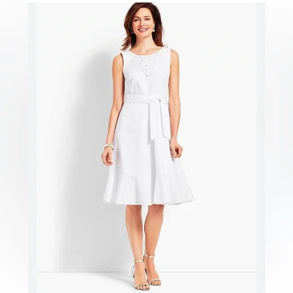 TALBOTS White Embroidered Sateen Fit & Flare Tie Belted Midi Dress Sz 12 - Picture 6 of 14